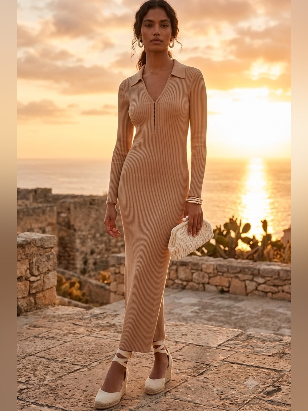 Abercrombie & Fitch Ribbed Long-Sleeve Maxi Dress in Tan